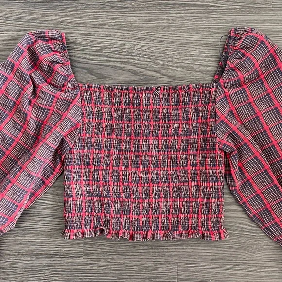 Zara Plaid Smocked Puff Sleeve Crop Top - Picture 3 of 5